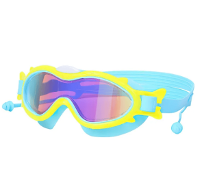 Kids Swim Goggles With Ear Plugs UV Protection Anti-Fog Leak Proof Wide View Pool Swimming Goggles (Option: Blue YellowRim)